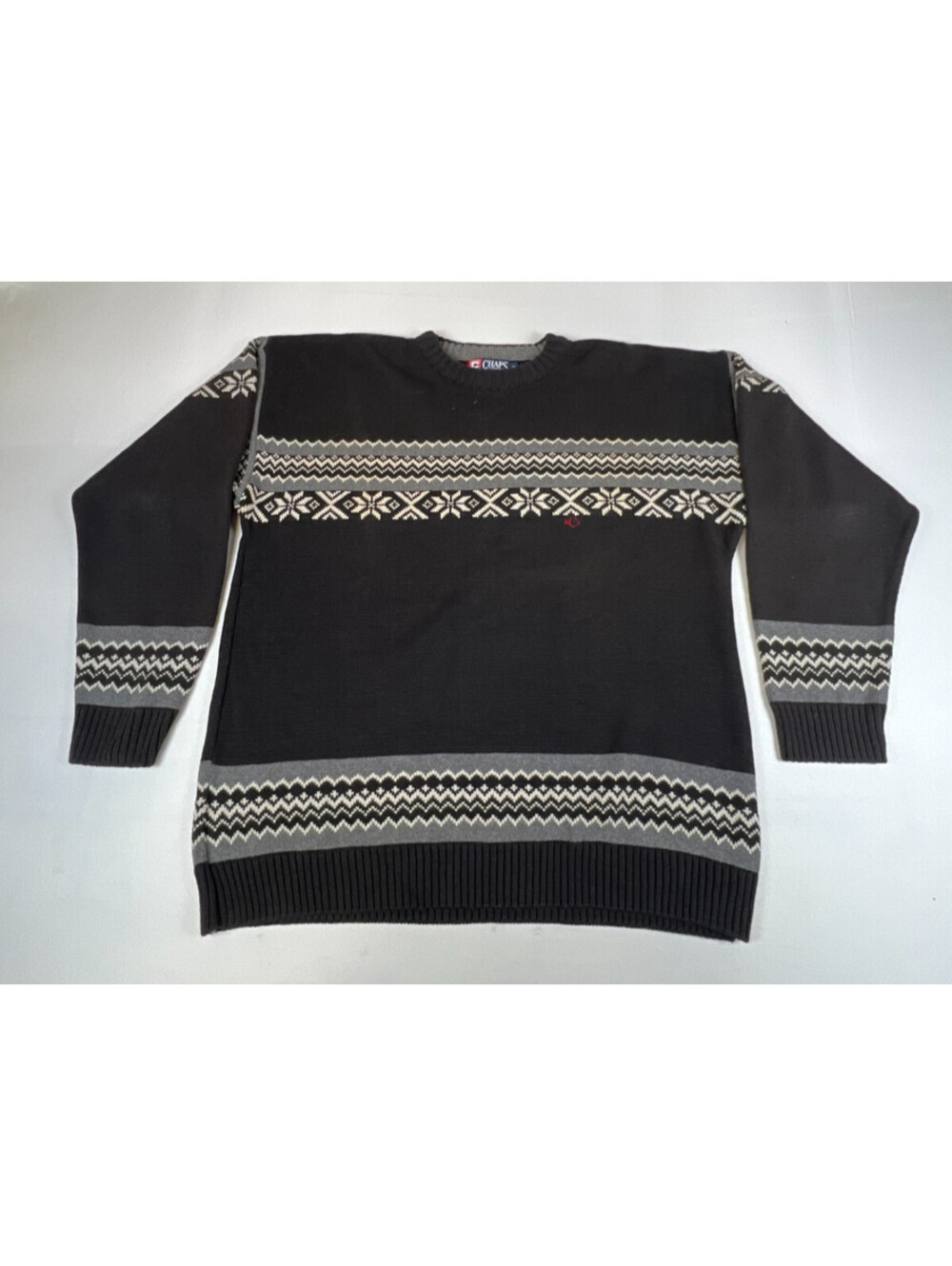 Chaps Ralph Lauren Men XL Black Fair Isle Crewneck Cotton Sweater Made in USA